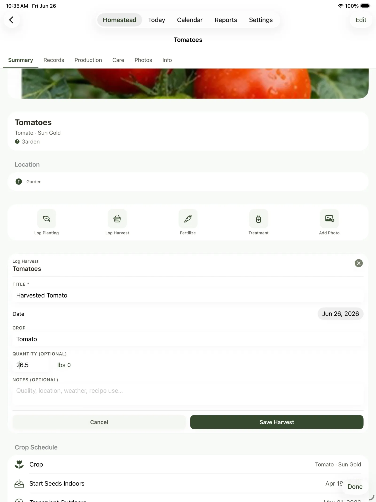 Tomatoes harvest form with quantity, unit, date, and notes fields.